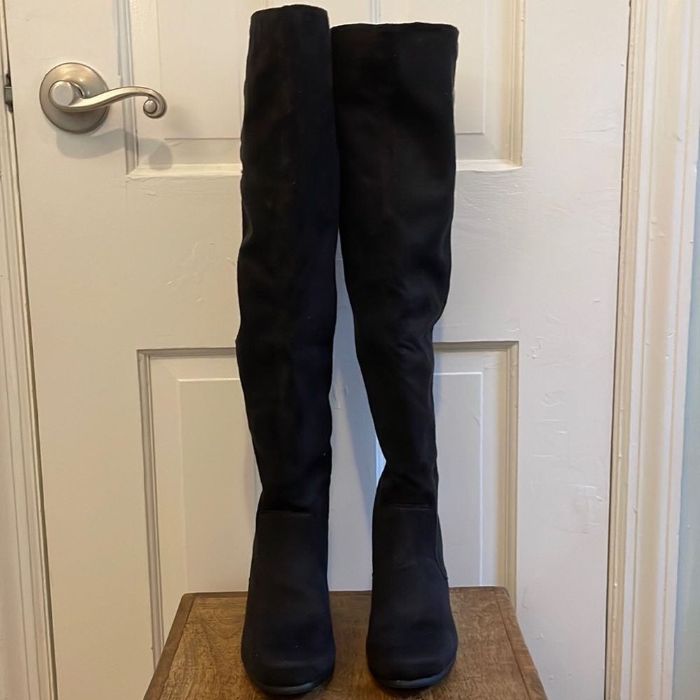 A’Mano-Comet suede black over the knee boots with 3 inch heels. Size 6